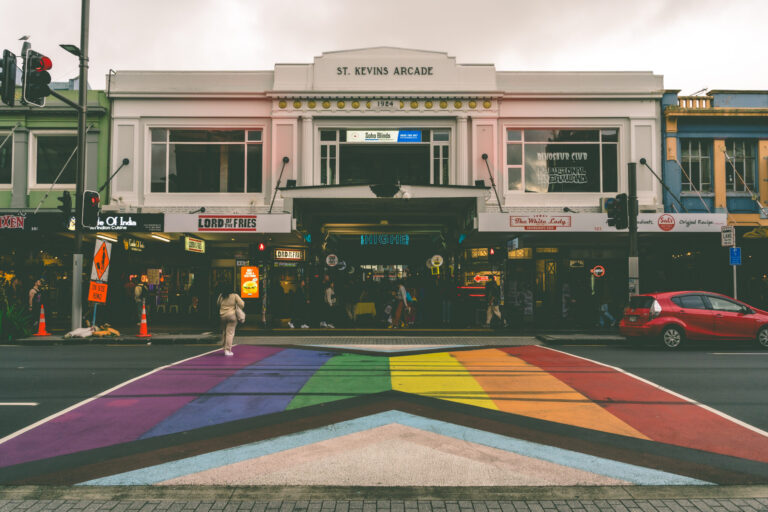 A vibrant street scene on Auckland's Karangahape Road, showcasing its eclectic culture and heritage.